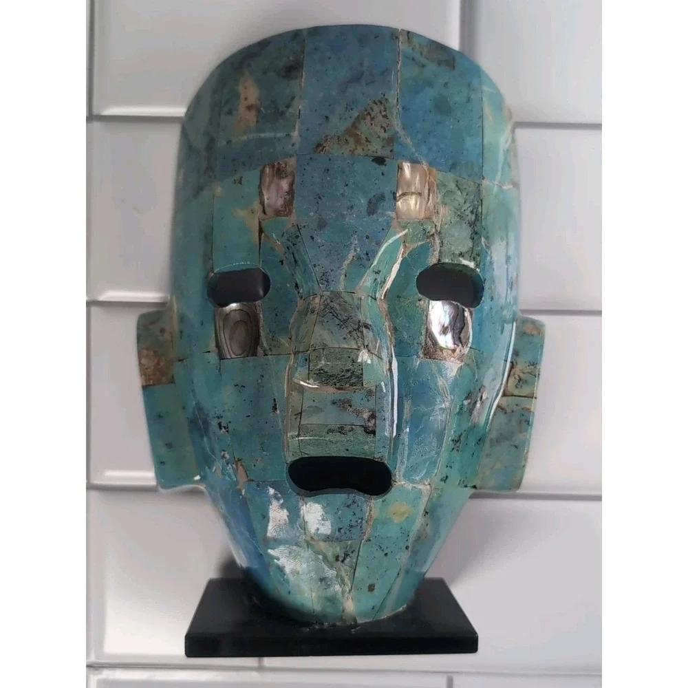 Vintage Art Sculpture Abalone Shell Pearl Mayan/Aztec Mask Blue Turquoise Displa